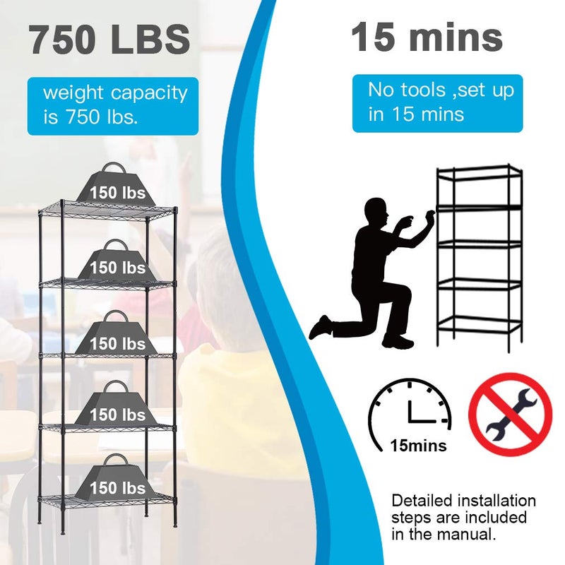 BestOffice | 5-Tier Wire Storage Shelves | 14x24x60 | Black | with Adjustable Racks | Heavy-Duty Metal Shelf, Holds Upto 750 lbs | No-Tool Assembly | Ideal for Home & Garage Shelving - Image 3